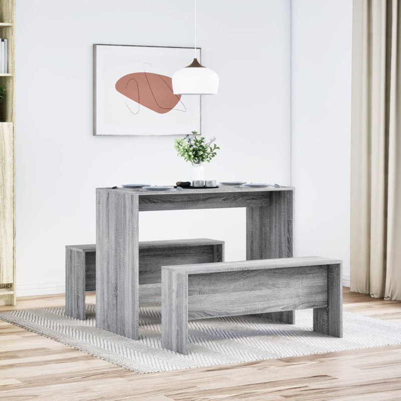 3 Piece Dining Table And Bench Set Engineered Wood, Grey Sonoma