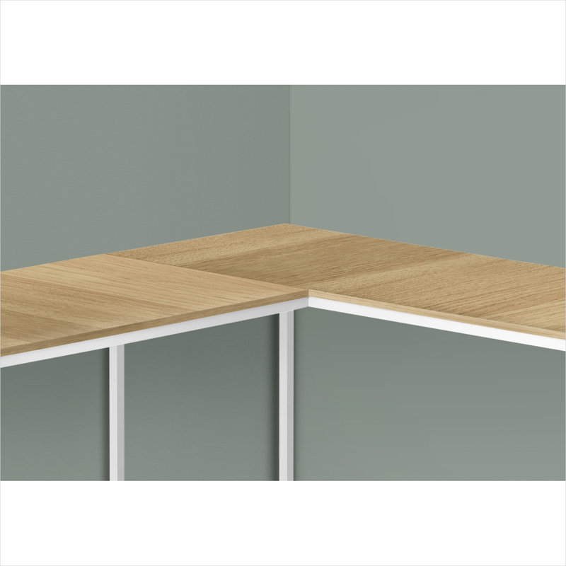 Bureau d'ordinateur en L de 58 pouces, plateau en stratifié naturel, base en métal blanc, bureau de coin moderne