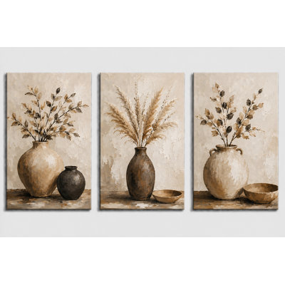 Grand ensemble de 3 vases floraux muraux neutres, impressions sur toile botaniques pour chambre à coucher, salon, décoration rustique, impression sur toile sans cadre 16 x 24 pouces - prête à être accrochée