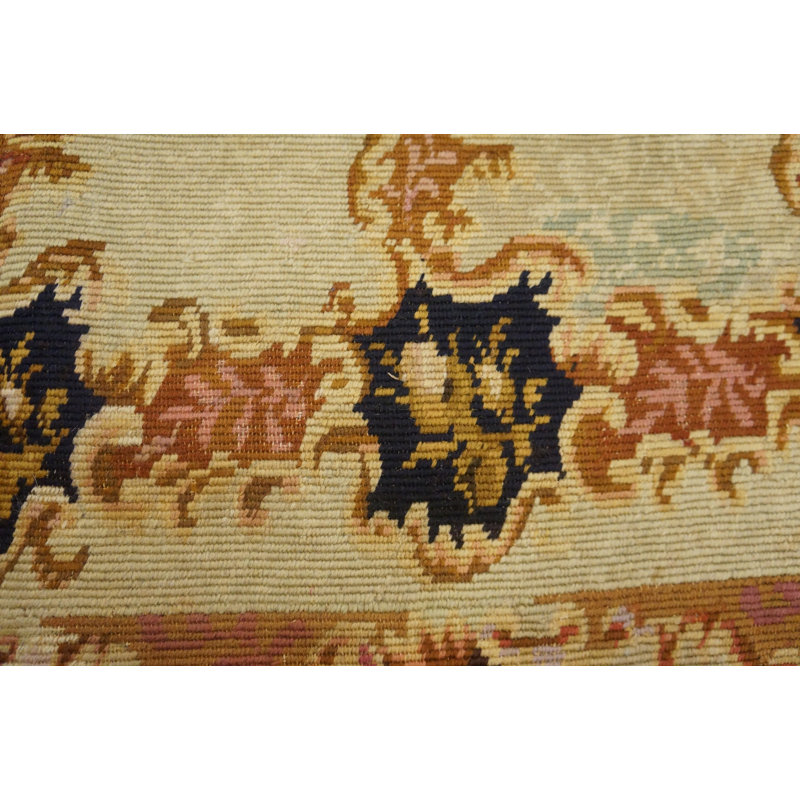 European Cream and Brown Color Floral Design Antique English Needlepoint Rug