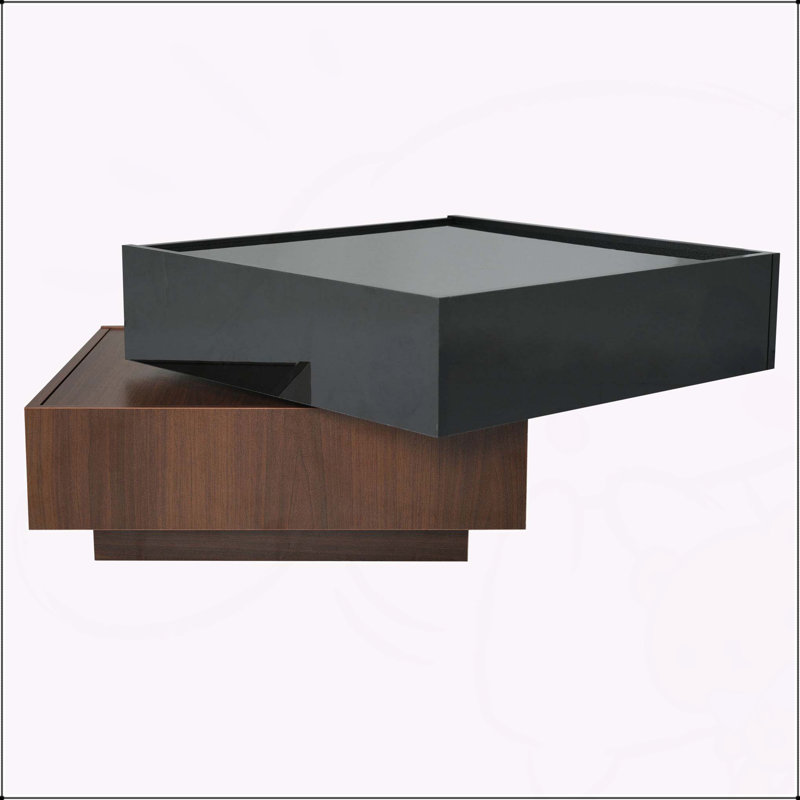Multi-functional Square 360°Rotating Coffee Table with 2 Drawers, High Gloss 2-Tier Centre Table for Living Room