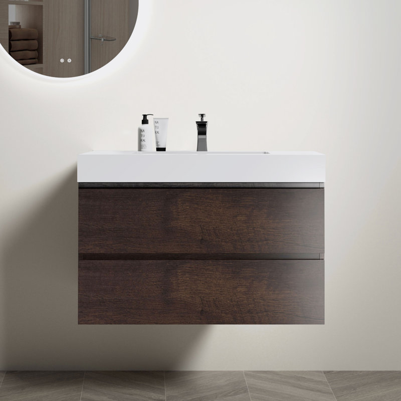 Meuble-lavabo de salle de bain avec lavabo, grand meuble-lavabo flottant mural, Gris, Noir