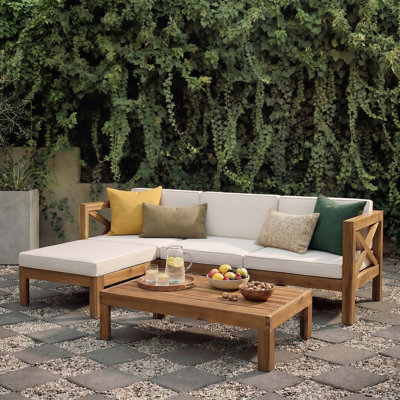 Ensemble de canapé d'extérieur à dossier en X à 3 places avec repose-pieds et table basse avec structure en bois d'acacia et coussins hydrofuges pour une détente confortable