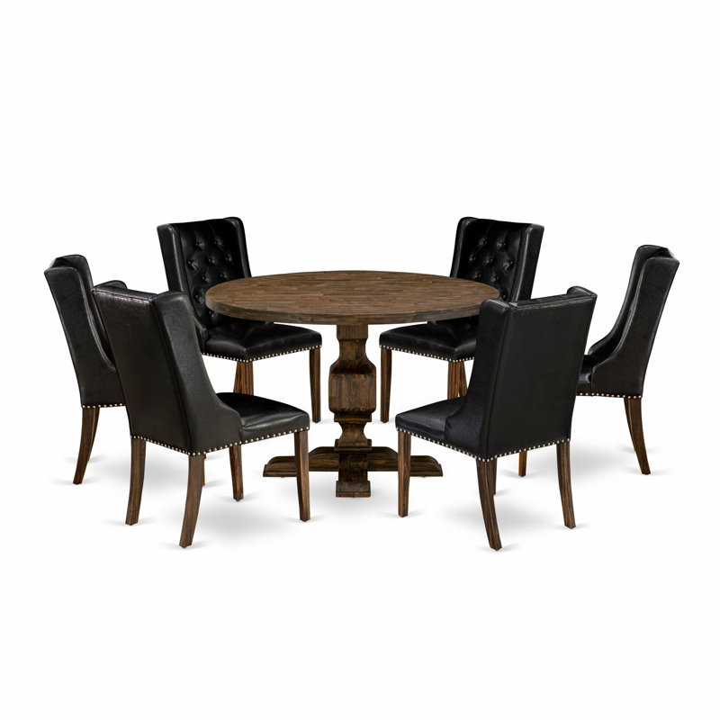 7 Piece Dining Room Set Includes a Mid Century Modern Dining Table and 6 Black PU faux Leather Dining Chairs with Button Tufted Back - Distressed Jacobean Finish