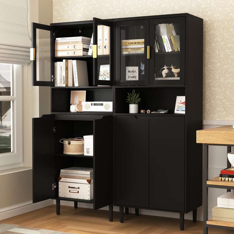 Armoire de rangement à portes vitrées trempées - 4 portes, noire, réglable pour salon, 4 portes vitrées.