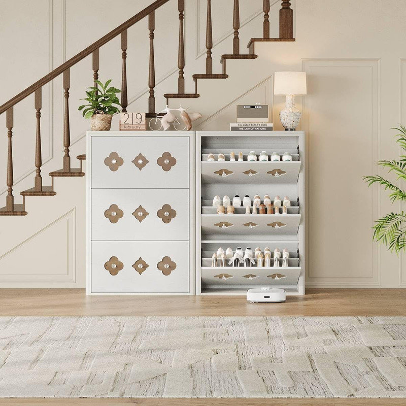 Slim Shoe Cabinet with 3 Flip Drawers & Hollow Flower Pattern, Freestanding Entryway Organizer, White