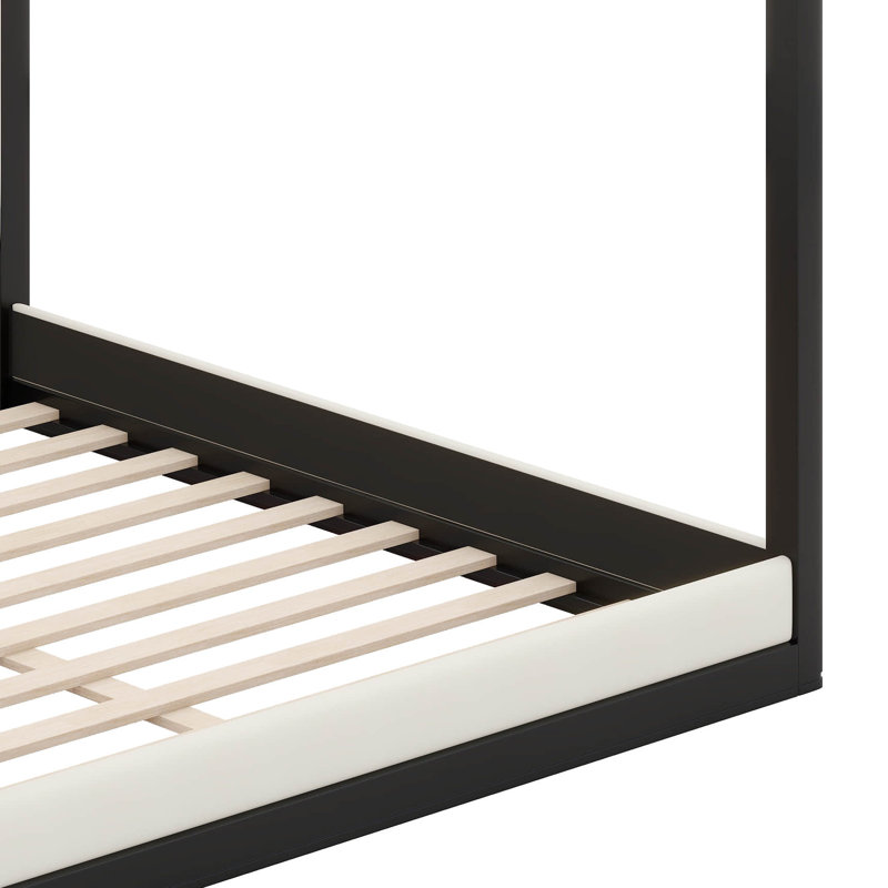 Lit plateforme à baldaquin en bois avec tête de lit tapissier, Queen, Black/White