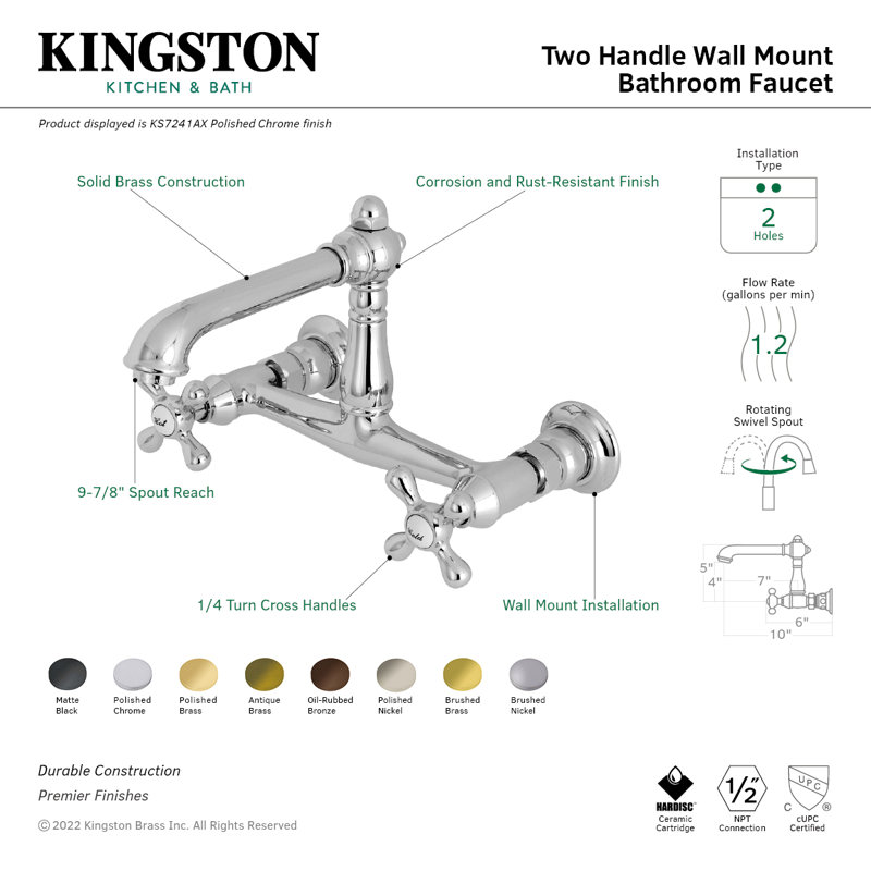 Kingston Brass English Country Two-Handle 2-Hole Wall Mount Bathroom Faucet, Matte Black
