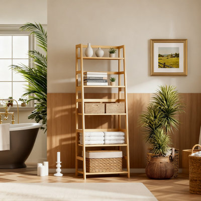 5-Tier Bamboo Ladder Shelf, Heavy Duty Bookcase With Open Storage Design, Modern Freestanding Display Rack For Living Room, Office, Bedroom And Bathroom Organization