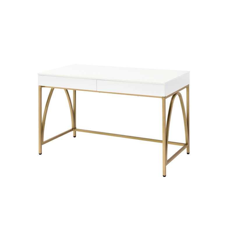 Bureau de coiffeuse 2 tiroirs Addilynn blanc brillant et doré