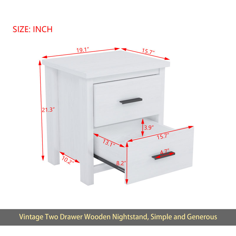 Table de chevet rétro à deux tiroirs, espace de rangement simple et généreux, Blanc