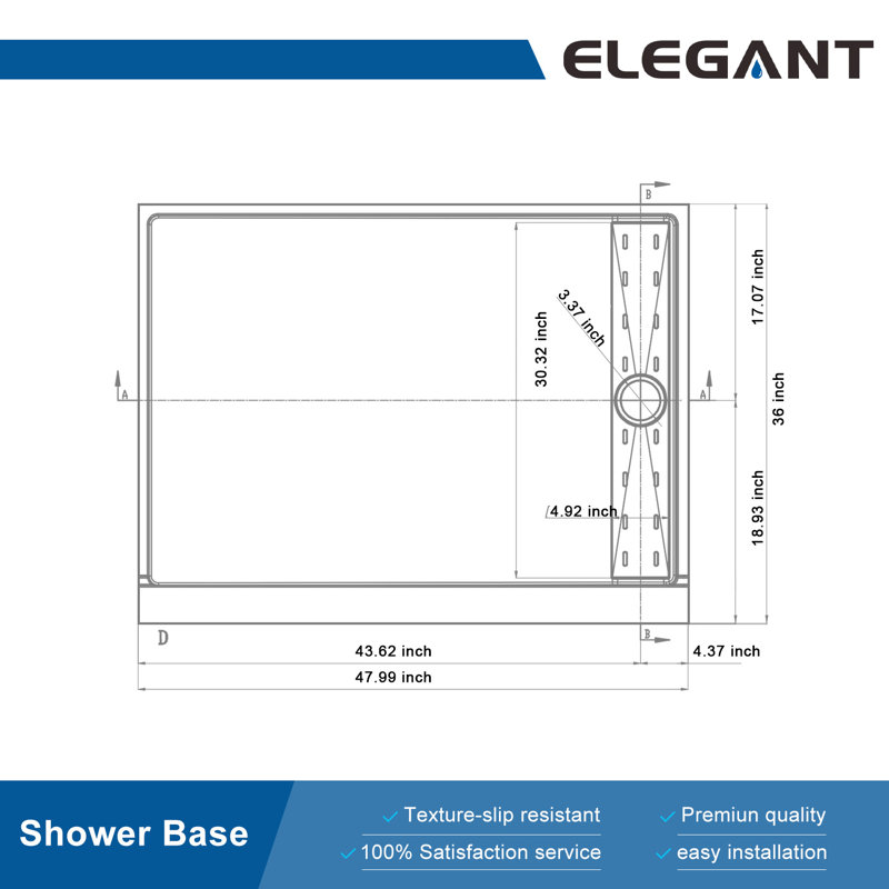 Elegant 48" W x 36" D x 4" H Shower Base with Single Threshold Anti-Slip Acrylic Shower Pan White, Right