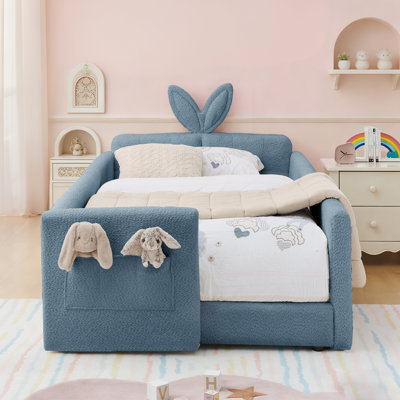Upholstered Kids Bed Frame With Safety Rails And Storage, Boucle Platform Bed With Headboard And Guardrails, Sky Blue, Twin