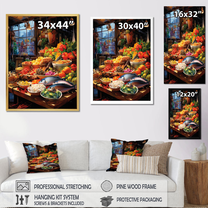 Alimentation, fruits de mer et marché - reproduction sur toile, Cadre photo noir, H 20 po x l 12 po x P 1 po