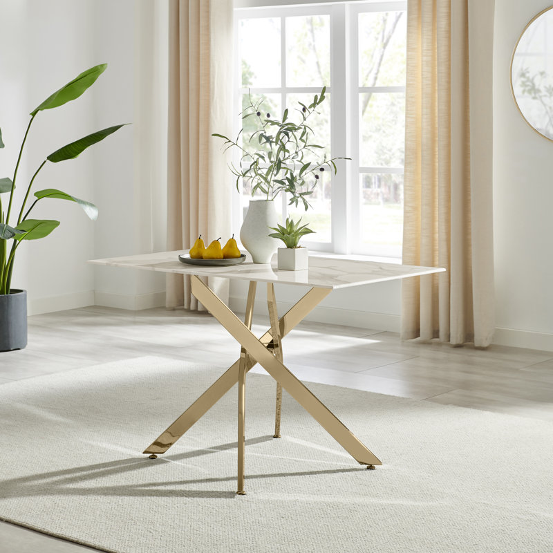 Chanden Luxury Marble Effect Glass 4 Seater Dining Table - Modern Statement Design, Gold, White