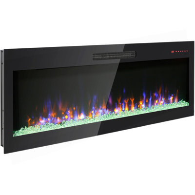 60 Inch Recessed Ultra Thin Tempered Glass Front Wall Mounted Electric Fireplace With Remote And Multi Color Flame & Emberbed, LED Light Heater