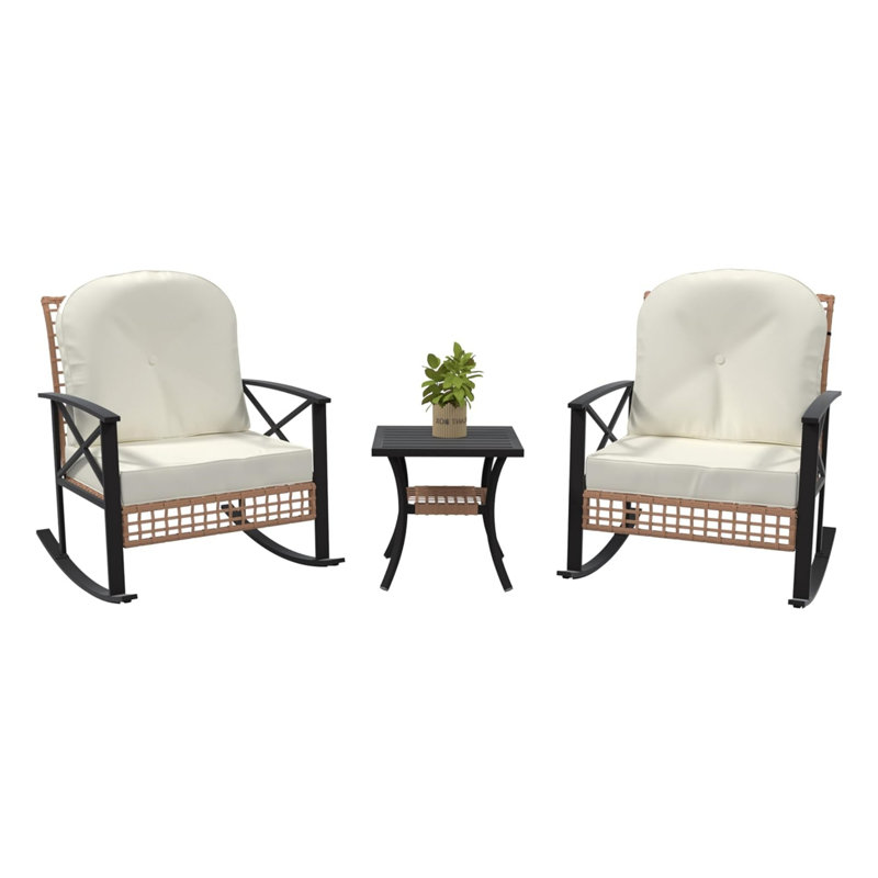 3 Pcs Outdoor Patio  Rocking Rattan Conversation Set Wicker Patio Furniture With Thick Cushions Rocker Chair And 2-Tier Coffee Table For Garden, Porch, Backyard