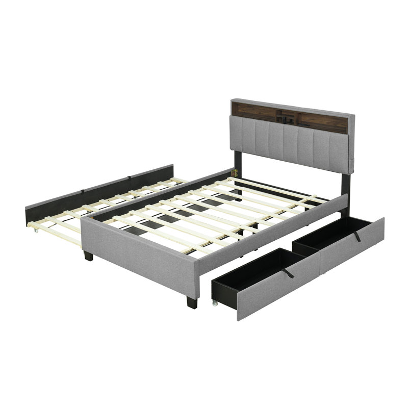 Lit plateforme tapissier double avec tête de lit, lit gigogne simple, 2 tiroirs et un ensemble de prises et ports USB, tissu en lin, gris