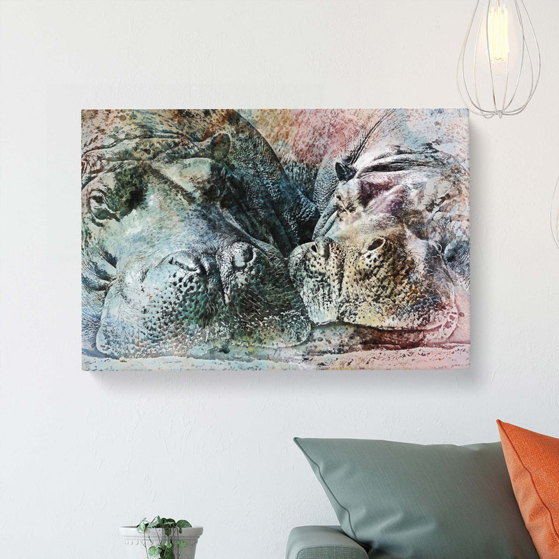 Pair Of Sleeping Hippos In Abstract - Wrapped Canvas, 50cm H x 76cm W x 3cm D