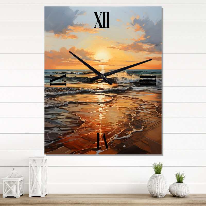 Horloge murale orange et bleu sarcelle au lever du soleil sur la plage I, Petit