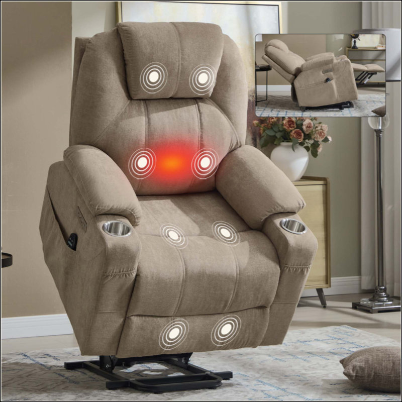 Up To 350 LBS Polyester Power Lift Recliner Chair, Heavy Duty Motion Mechanism With 8-Point Vibration Massage And Lumbar Heating, USB And Type-C Ports, Stainless Steel Cup Holders