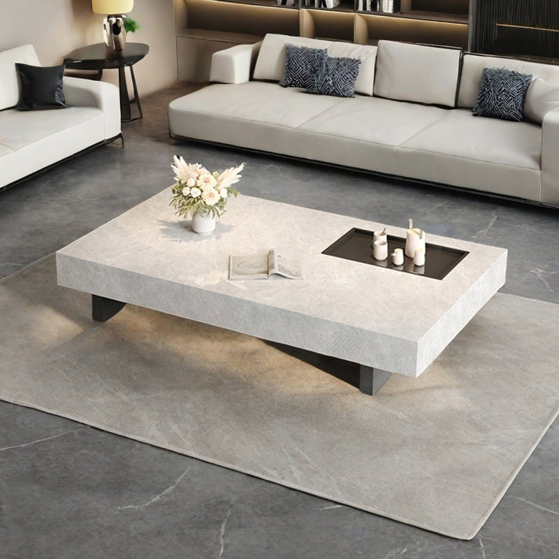 Simple rectangular rock slab floating coffee table, 13.8" H x 51.2" L x 27.6" W