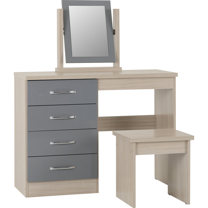 Cascio Dressing Table Set with Mirror, Grey Gloss/Light Oak Effect Veneer