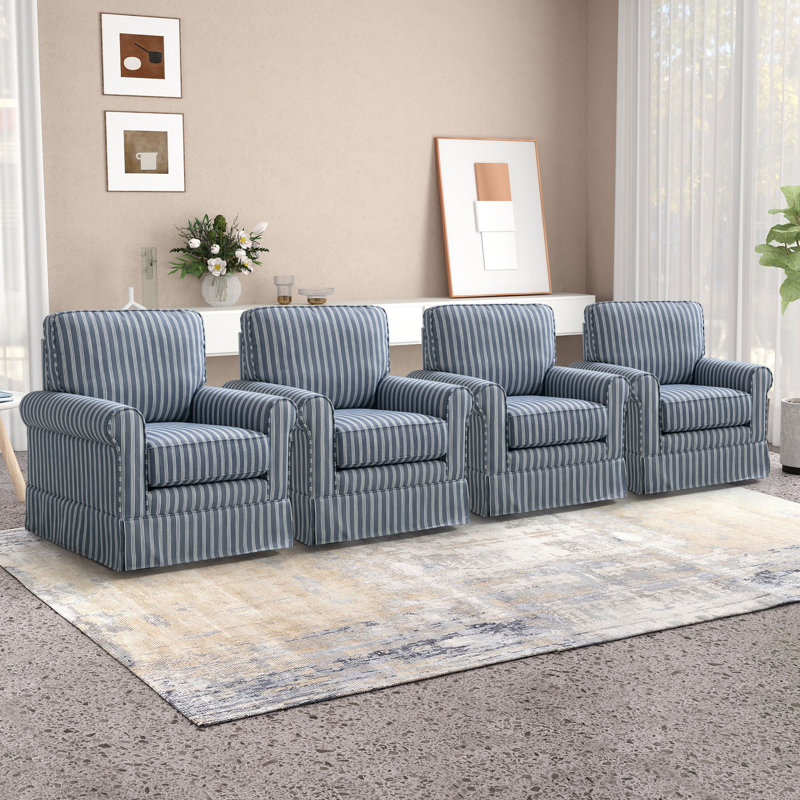 33'' Wide Modern Linen Striped Swivel Upholstered Arm Accent Chair (Set of 4), Blue, 4