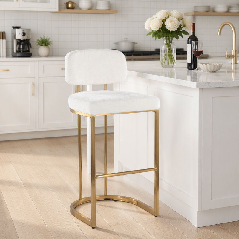 Tabouret de bar à hauteur fixe en métal doré et tissu crème - Ensemble de 2