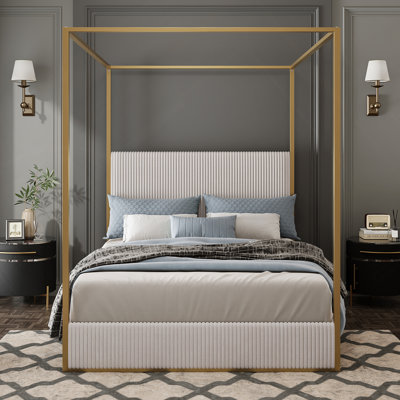 Luxury Metal Canopy Bed with Tall Corduroy Upholstered Headboard
