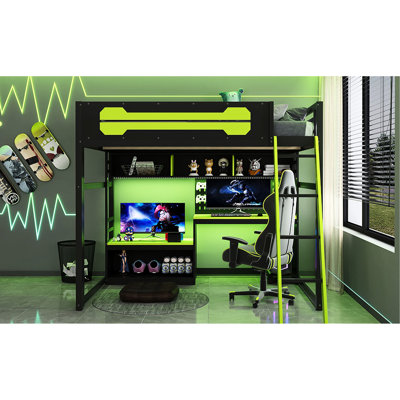 Full Size Loft Bed With Desk, Shelves, Ports, Led Lighting And In Black+ - Create A Fun Gaming Environment, Wood Construction Ideal For Teen Gamers, Keep Workspace Clean