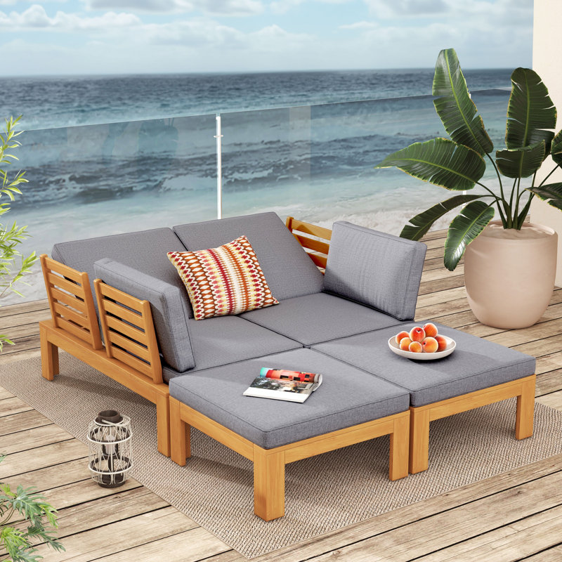 Ensemble de mobilier de jardin 5 places en bois d'acacia avec coussins, Gris
