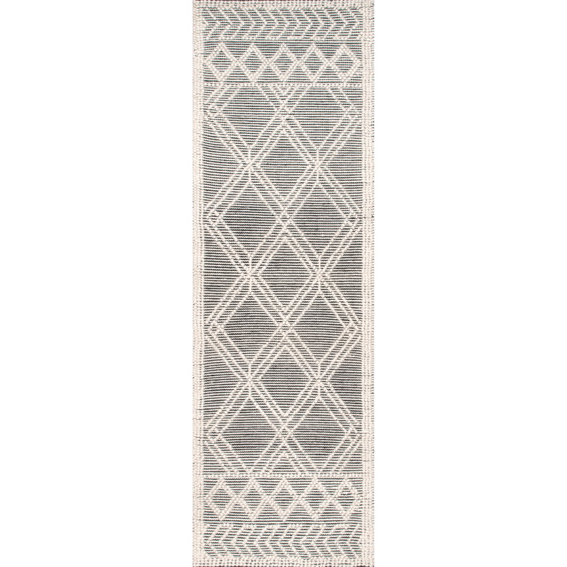Hathorn Moroccan Trellis Handmade Tufted Black/White Wool Rug, Runner 2'6" x 6'
