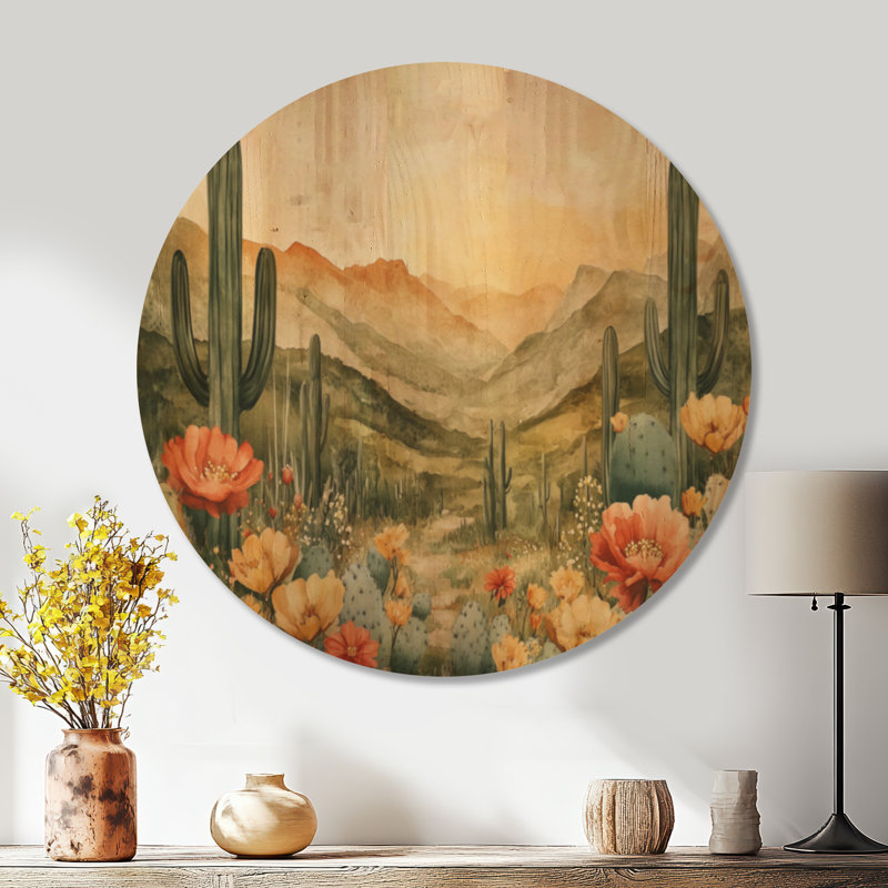 Jardin des épines du désert - impression d'art mural rond en bois du sud-ouest, Rond 36 po, Rond
