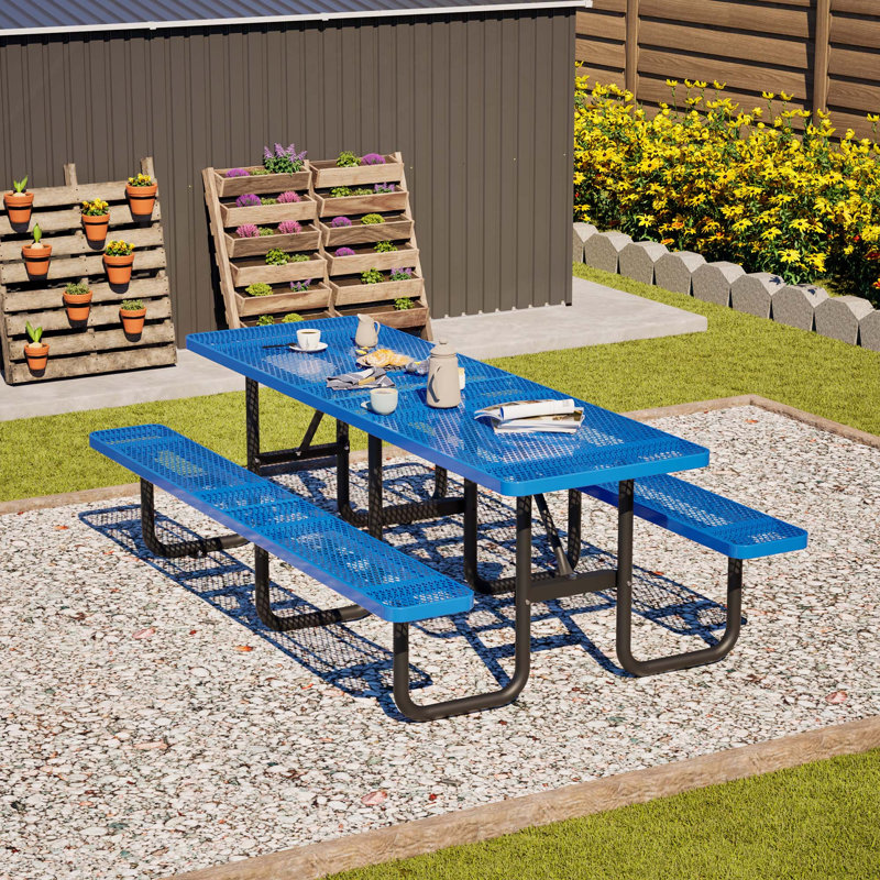 Table de pique-nique en métal robuste en acier galvanisé résistant à la rouille pour 10 personnes, table de salle à manger avec trou de parasol pour le jardin, le patio, le pique-nique, le camping