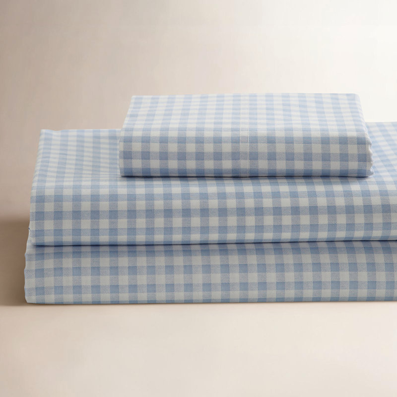 Ensemble de draps en percale 100% coton à densité de tissage 250 fils Gingham, Bleu