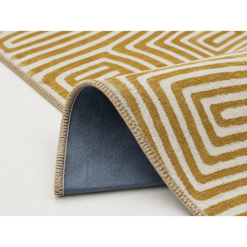 Woven Carpet With Wavy Patterns In Off Yellow Shades, Rectangle 5'2" x 7'7"