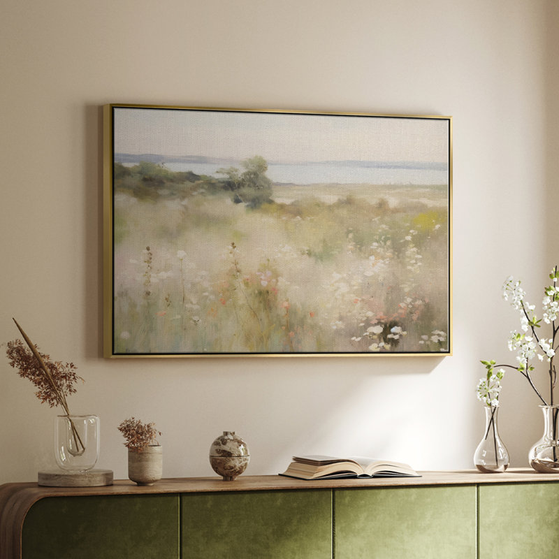 Paysage rétro - I, Toile argentée avec cadre flottant, H 27 po x l 41 po x P 2 po