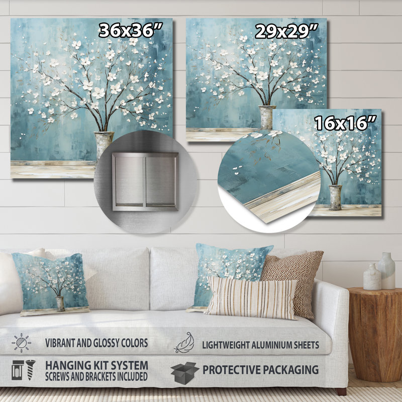 Décoration murale Alyssum dans un vase bleu rétro - Bouquets assortis, Métal métal, H 30 po x l 30 po x P 1 po