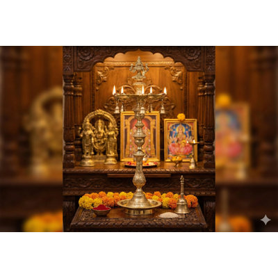 Lampe 34 po en laiton à cinq mèches Lakshmi déesse - fait à la main indien de l'Inde du Sud, rituel de la prospérité et décor de temple de luxe