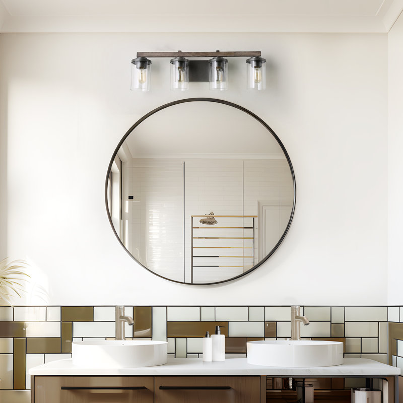 Ifill 4 Lights Dimmable Modern Farmhouse Vanity Light, Rustic Dark Silver & Faux Wood, 4 Lights