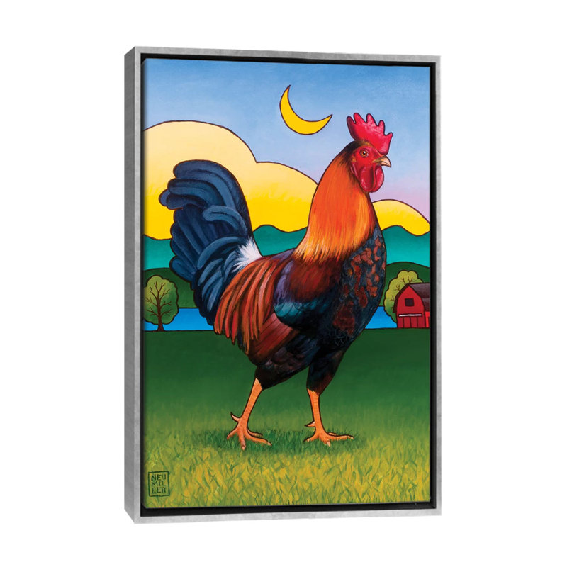 «Rufus the Rooster» par Stacey Neumiller - reproduction d'art, Aucun mat, Toile avec cadre argenté