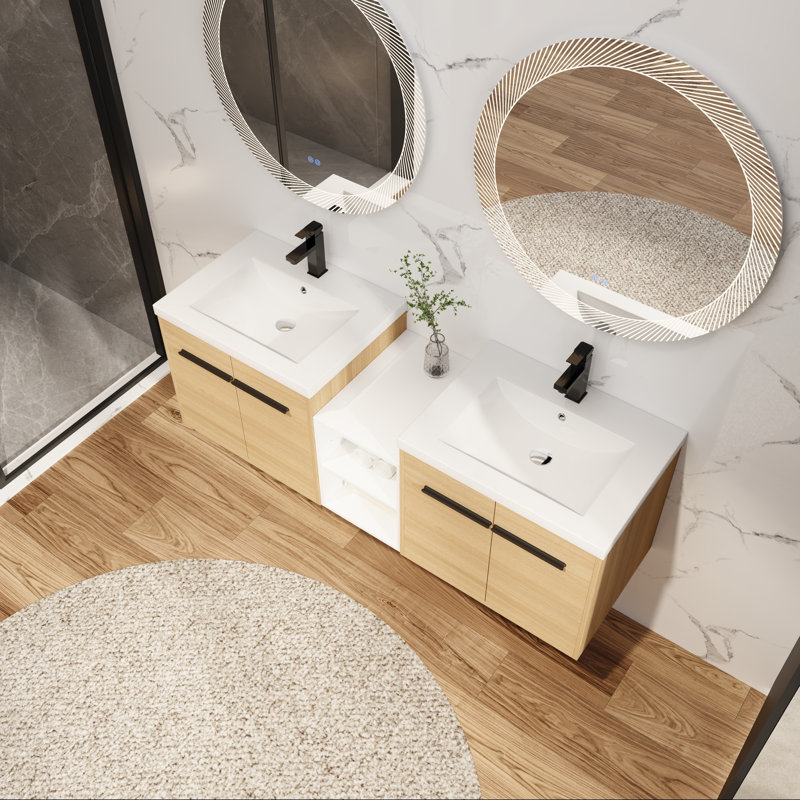 Meuble-lavabo double avec lavabo en résine, tablette ouverte et portes à fermeture en douceur, 24"