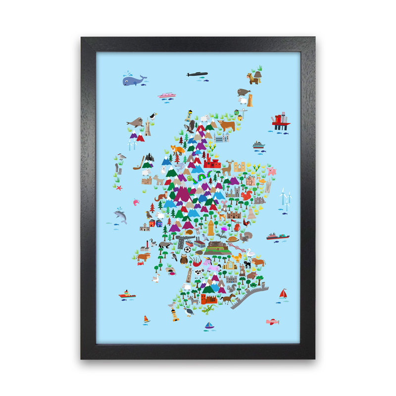 Animal Map Of Scotland Nursery by Michael Tompsett - Print, 46cm H x 34cm W x 3cm D, Black Framed