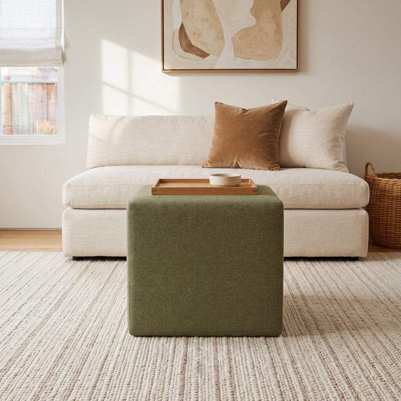 Andi Samet 21'' Square Cube Ottoman, Zuma Laurel Textured Linen