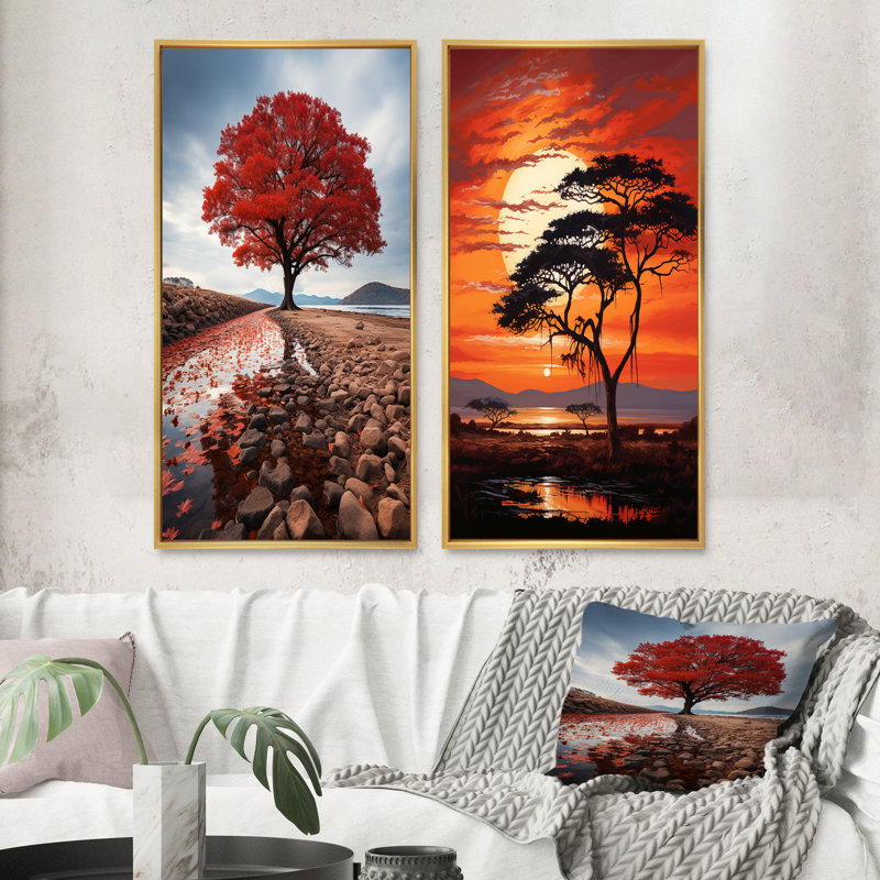 «African Tree Orange Sunset Majesty», 2 pièces, Encadrement doré, H 32 po x l 32 po