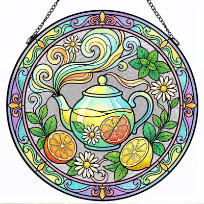 Teapot Citrus Stained Glass Window Panel，7.8H