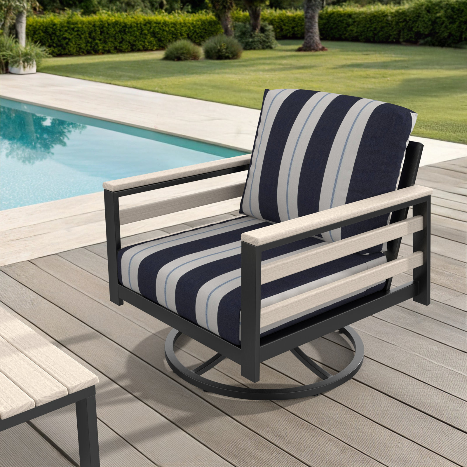 Townsend Sunbrella® Metal Swivel Patio Rocking Chair, White, Sunbrella Relate Harbor