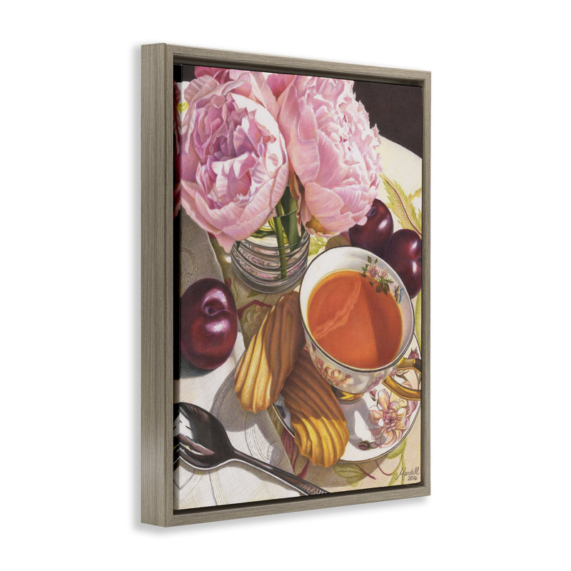 Tea with Peonies & Plums Framed Floater Canvas Wall Art by Mardell Schuster, Montalcino Elm Floater Frame, 21" H x 17" W