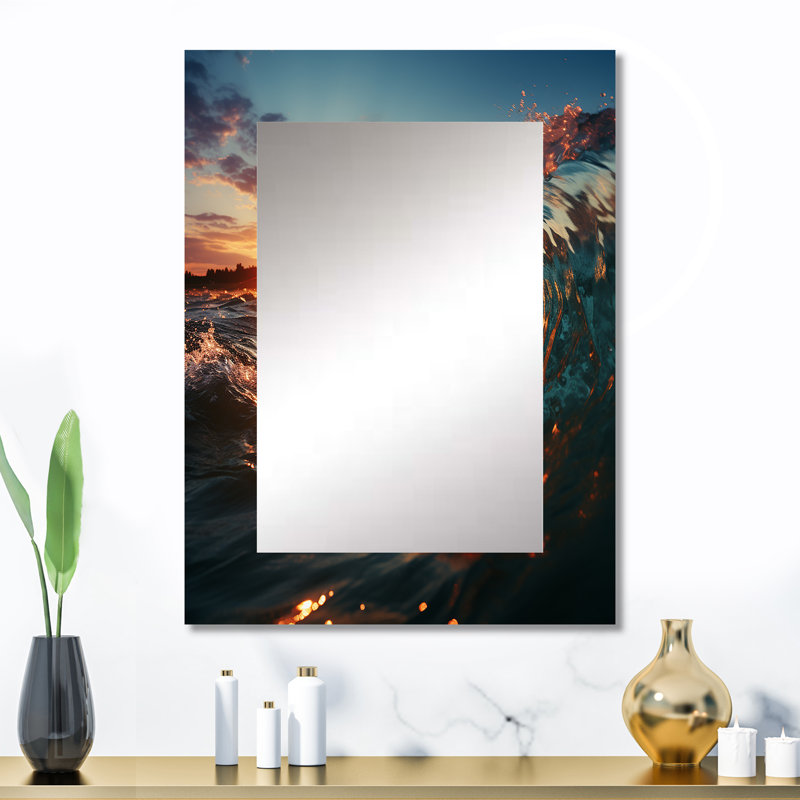 «Sunshine Through The Breaking Waves» - grand miroir mural, miroir unique rouge, reproduction d'art en métal, 32 po x 24 po